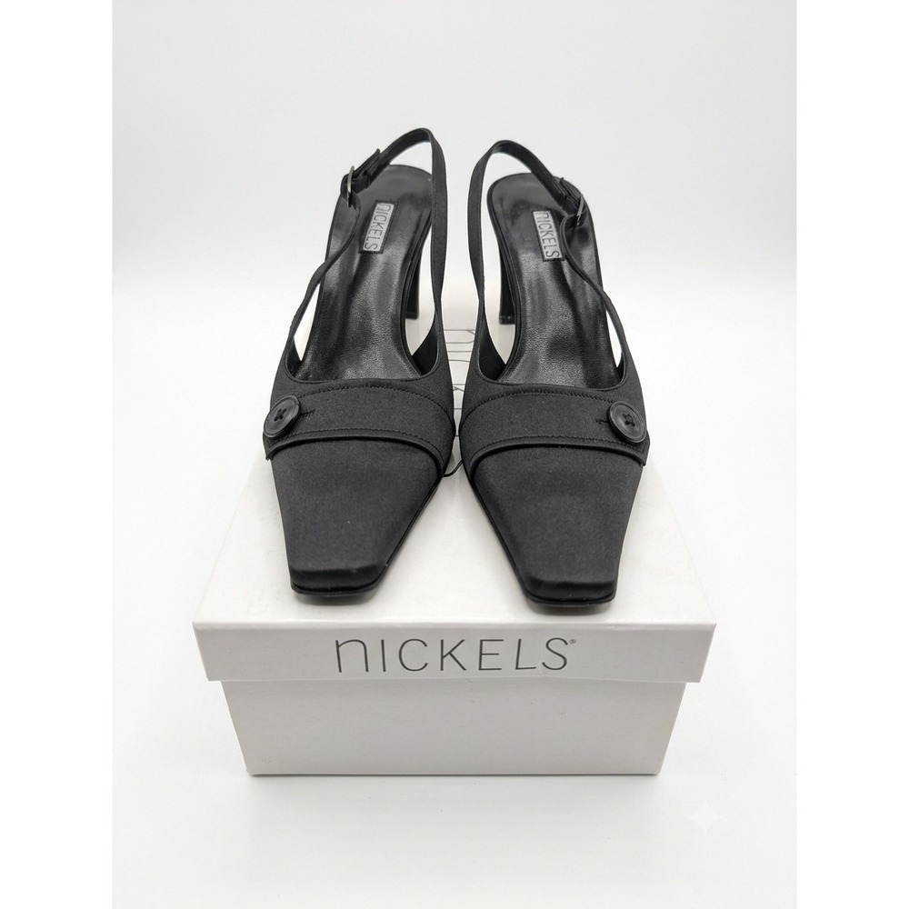 Vintage Nickels Black Satin Square Toe Slingback Heels Size 9.5 M